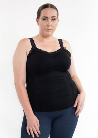 Black lace trim cami tank with scoop neckline and ruched bust, curvy fit