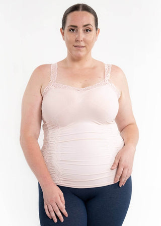 White lace trim cami tank with scoop neckline and ruched bust, curvy fit