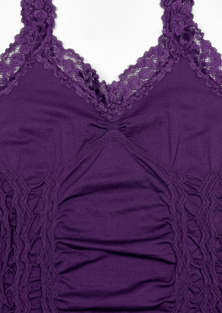 Purple lace trim cami tank with scalloped V neckline and gathered center seam