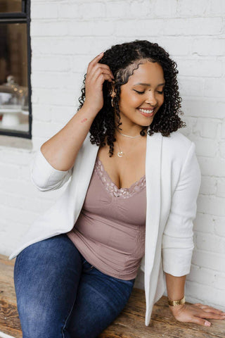Mauve lace cami tank with scoop neckline, ruched front, worn with jeans