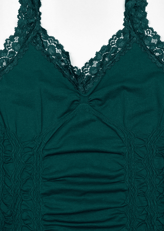 Teal lace trim cami tank with scalloped V neckline and ruched center front