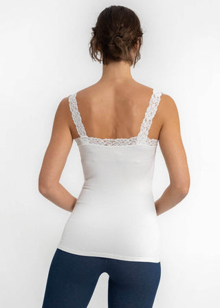 White lace-trim cami with square neckline and back lace panel