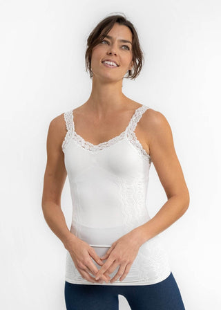 White lace cami tank with scalloped lace neckline and fitted ruched front