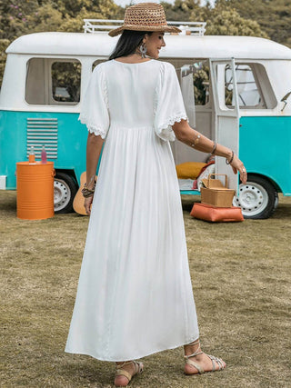 Lace Detail Eyelet V-Neck Half Sleeve Dress - Just Believe Boutique