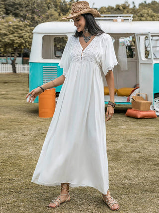 Lace Detail Eyelet V-Neck Half Sleeve Dress - Just Believe Boutique