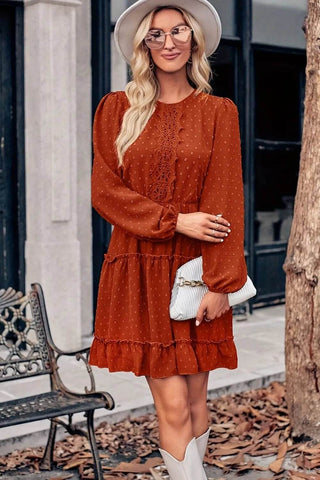 Lace Detail Swiss Dot Round Neck Mini Dress - Just Believe Boutique
