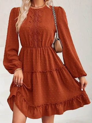 Lace Detail Swiss Dot Round Neck Mini Dress - Just Believe Boutique