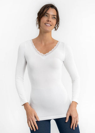 White lace-trim long-sleeve top with scalloped V-neck