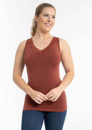 Burgundy lace-trim V-neck tank top with scalloped lace neckline