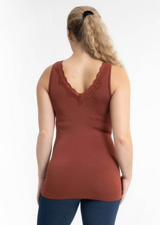 Mauve V-neck tank top with lace-trim back neckline