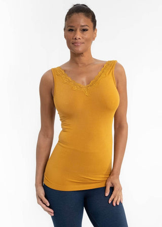 Yellow lace-trim V-neck tank top with scalloped lace neckline