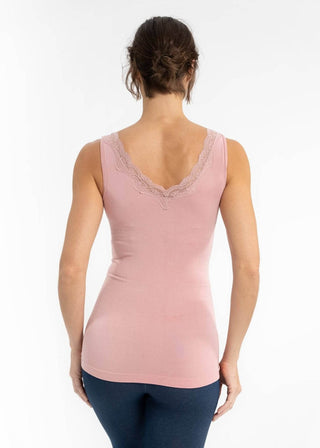 Pink V-neck tank top with lace-trim back neckline