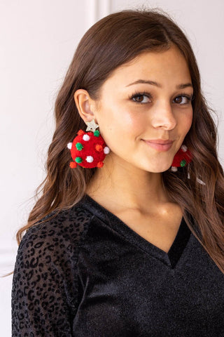 Let It Snow Red Pom Pom Earrings - Just Believe Boutique