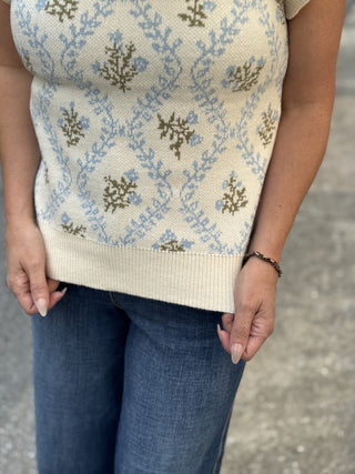 Floral Jacquard Ruffle Sleeve Knit Top – model photo