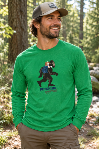 Man smiling while wearing the Bigfoot & Bestie long sleeve tee