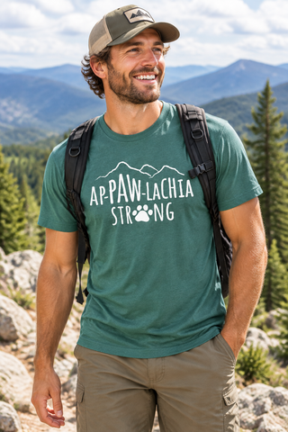 Man wearing the basil Ap-paw-lachia Strong tee