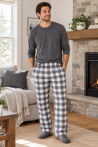 Man wearing gray and white plaid flannel pajama pants