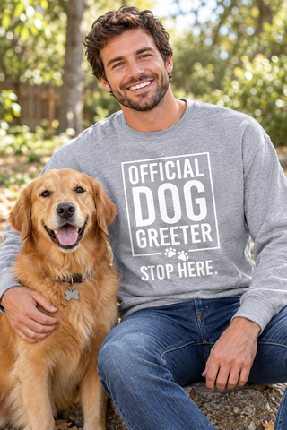 Man wearing the heather gray Official Dog Greeter Sweatshirt