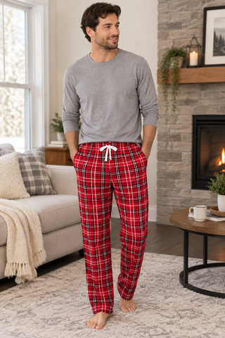 Man wearing red and white plaid flannel pajama pants