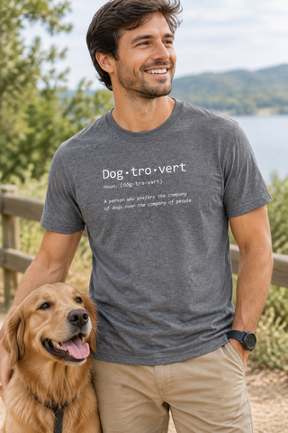 Man wearing the gray Dog-Tro-Vert Tee