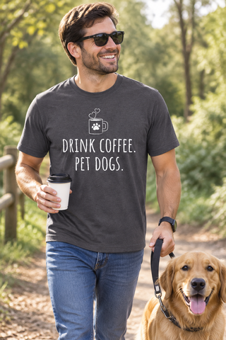 Man wearing the slate Drink Coffee, Pet Dogs tee