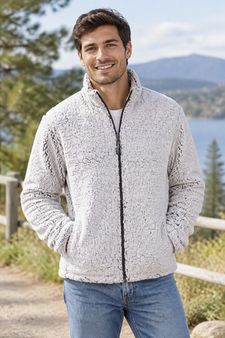 Man wearing the light gray Fetching sherpa full-zip jacket