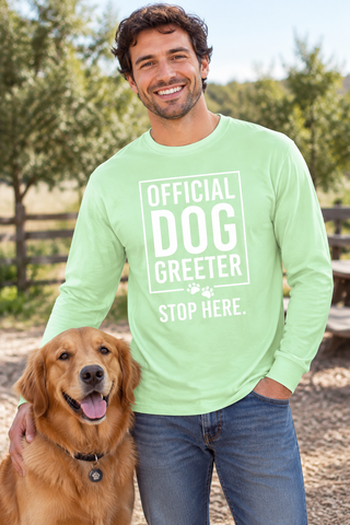 Man wearing the Neomint Official Dog Greeter Long Sleeve Tee