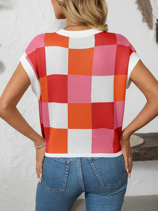 Mandy Checkered Round Neck Cap Sleeve Knit Top - Just Believe Boutique
