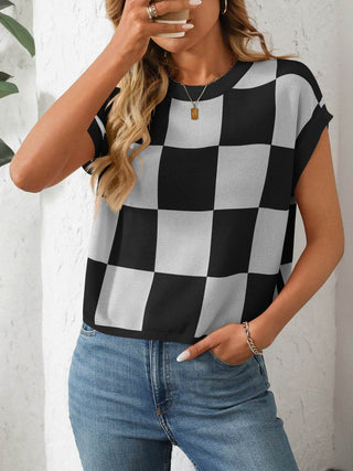 Mandy Checkered Round Neck Cap Sleeve Knit Top - Just Believe Boutique