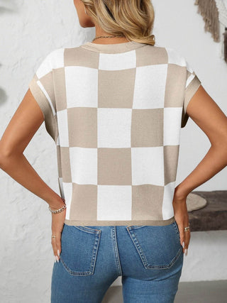 Mandy Checkered Round Neck Cap Sleeve Knit Top - Just Believe Boutique