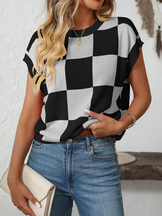 Mandy Checkered Round Neck Cap Sleeve Knit Top - Just Believe Boutique