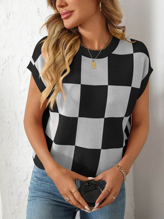 Mandy Checkered Round Neck Cap Sleeve Knit Top - Just Believe Boutique