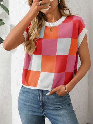 Mandy Checkered Round Neck Cap Sleeve Knit Top - Just Believe Boutique
