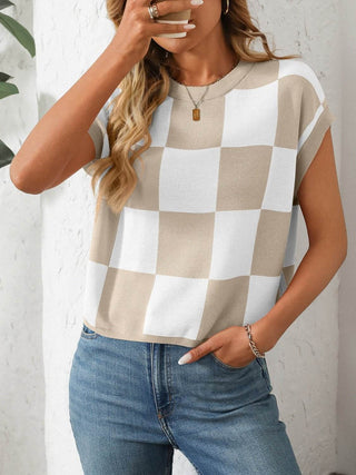 Mandy Checkered Round Neck Cap Sleeve Knit Top - Just Believe Boutique
