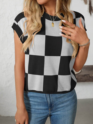 Mandy Checkered Round Neck Cap Sleeve Knit Top - Just Believe Boutique
