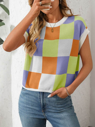 Mandy Checkered Round Neck Cap Sleeve Knit Top - Just Believe Boutique