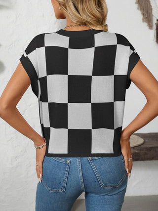 Mandy Checkered Round Neck Cap Sleeve Knit Top - Just Believe Boutique