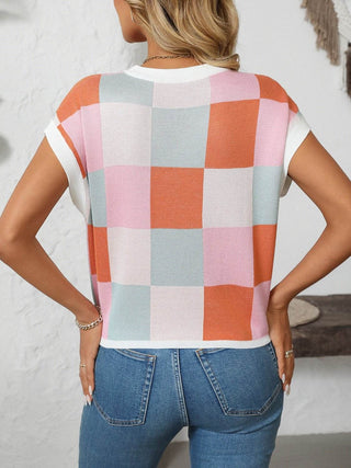Mandy Checkered Round Neck Cap Sleeve Knit Top - Just Believe Boutique