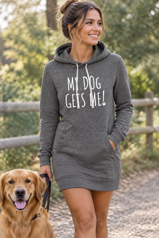 Model wearing the My Dog Gets Me Hoodie Dress