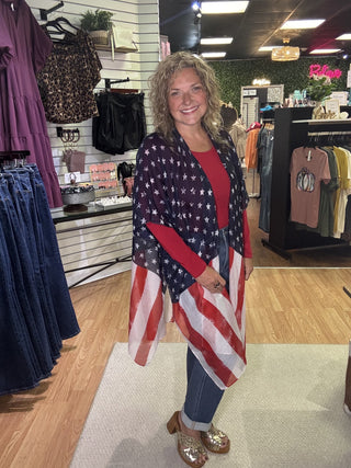 Star-and-stripe navy kimono, open front, wide sleeves