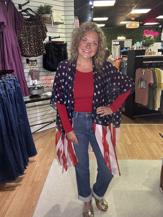 Navy Flag Stars & Stripes Kimono – model photo