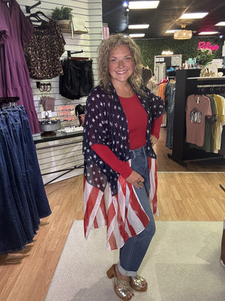 Navy Flag Stars & Stripes Kimono – model photo