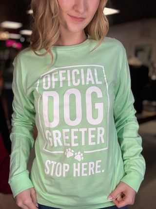 Official Dog Greeter Long Sleeve Tee – Mint – model photo