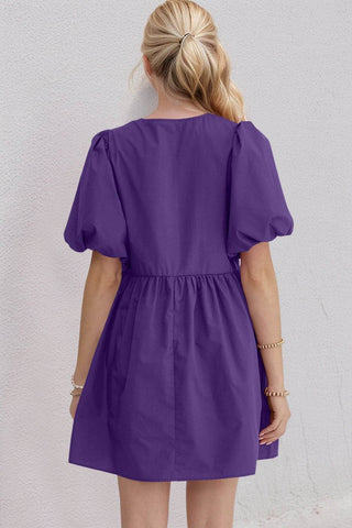 Oh Bow Ruched Puff Sleeve Mini Dress - Just Believe Boutique