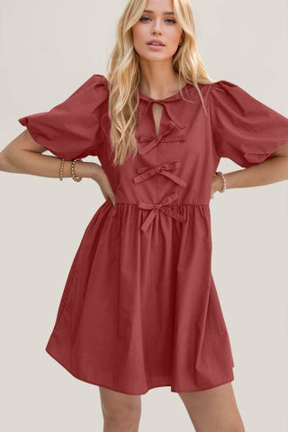 Oh Bow Ruched Puff Sleeve Mini Dress - Just Believe Boutique