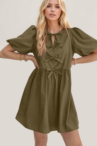 Oh Bow Ruched Puff Sleeve Mini Dress - Just Believe Boutique