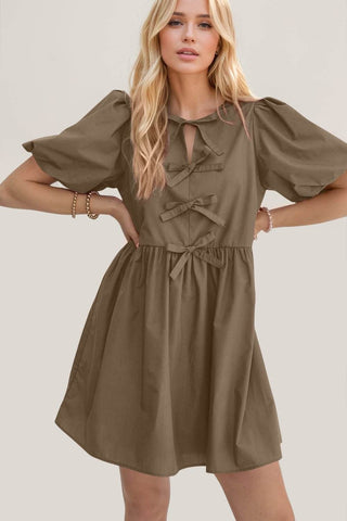 Oh Bow Ruched Puff Sleeve Mini Dress - Just Believe Boutique