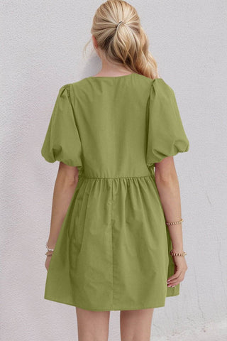 Oh Bow Ruched Puff Sleeve Mini Dress - Just Believe Boutique