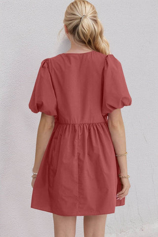 Oh Bow Ruched Puff Sleeve Mini Dress - Just Believe Boutique