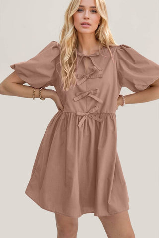 Oh Bow Ruched Puff Sleeve Mini Dress - Just Believe Boutique